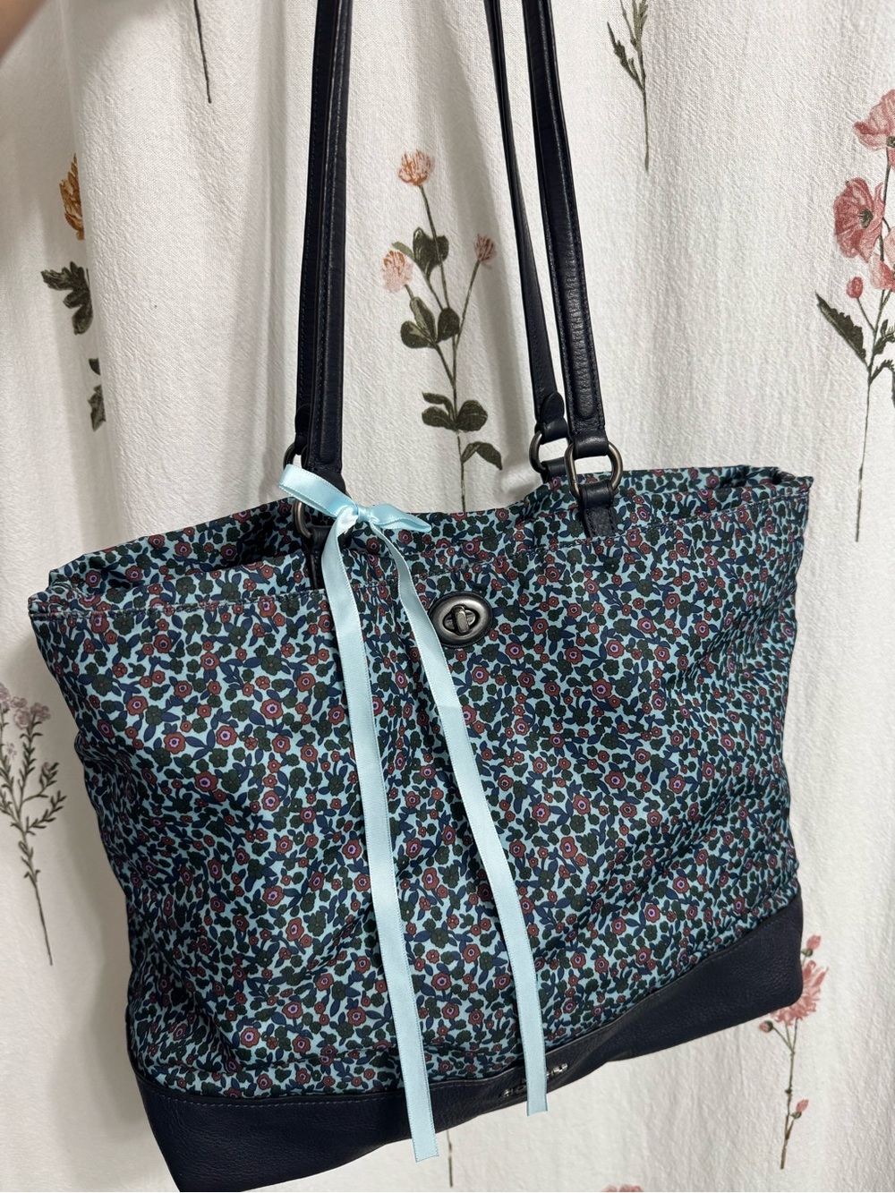 Coach Navy & Teal Floral Shoulder Tote with Light Blue Ribbon